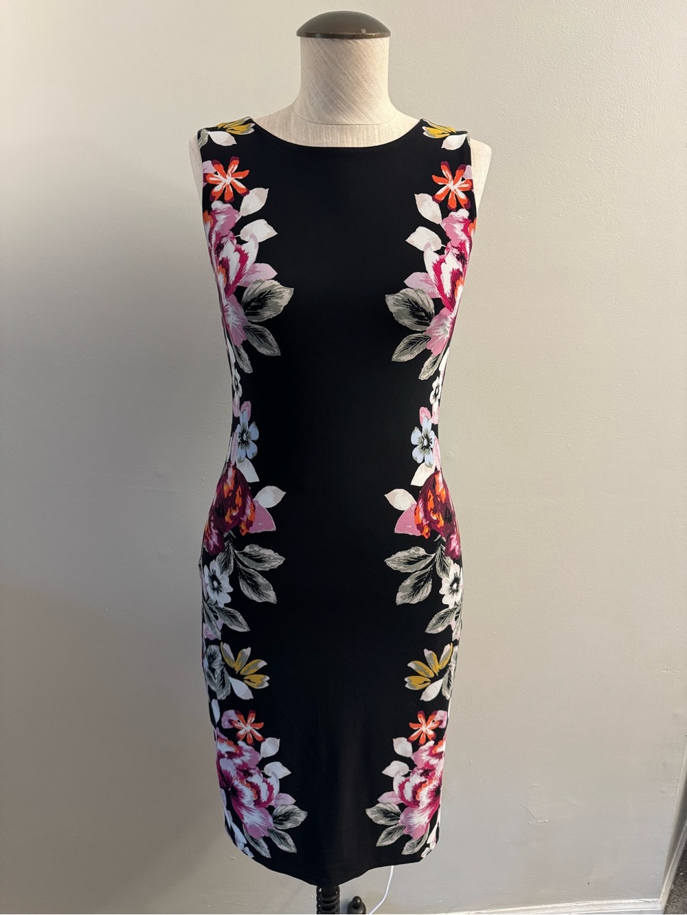 Sleeveless Black Floral Sheath Dress with Pink Accents